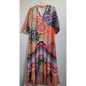 Cezele Collection Maxi Dress Paisley Fairy Bohemian  Cottagecore Print  V-Neck S